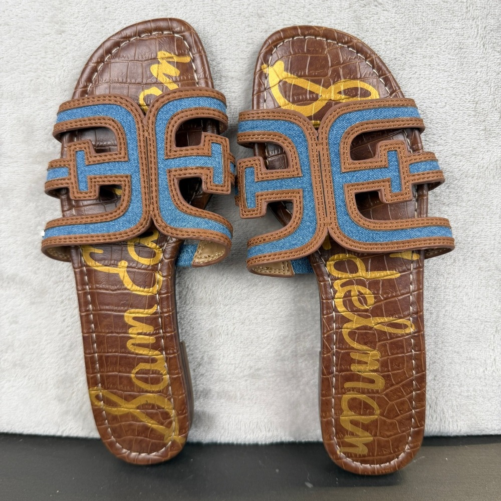Sam Edelman Bay Multi Slide Sandals Brown Croc Blue Denim 7.5M Flat Cutout Logo